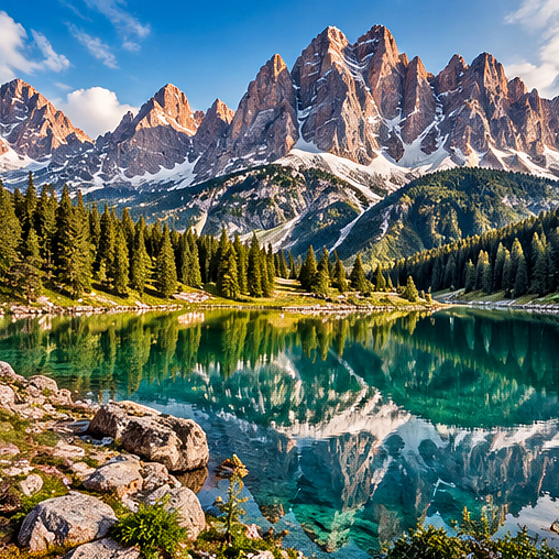 Snow-covered alpine peaks above a clear mountain lake