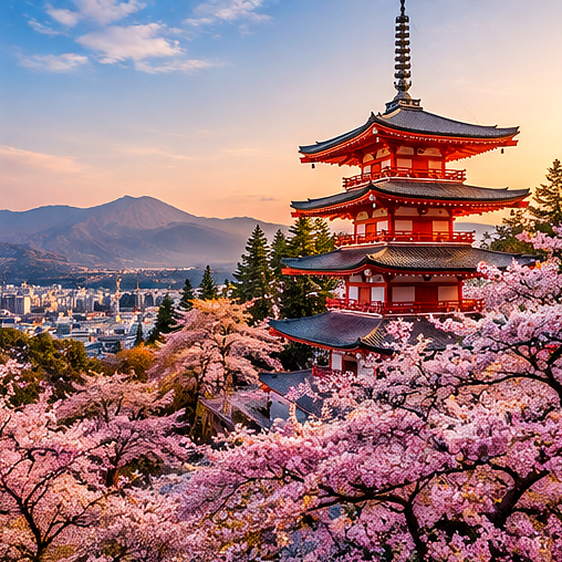 Japanese pagoda and spring cherry blossoms